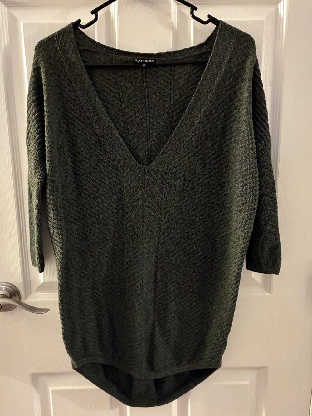 Express XS Olive Green Textured Knit Dolman Sweater Deep V-Neck 100% Cotton NWOT